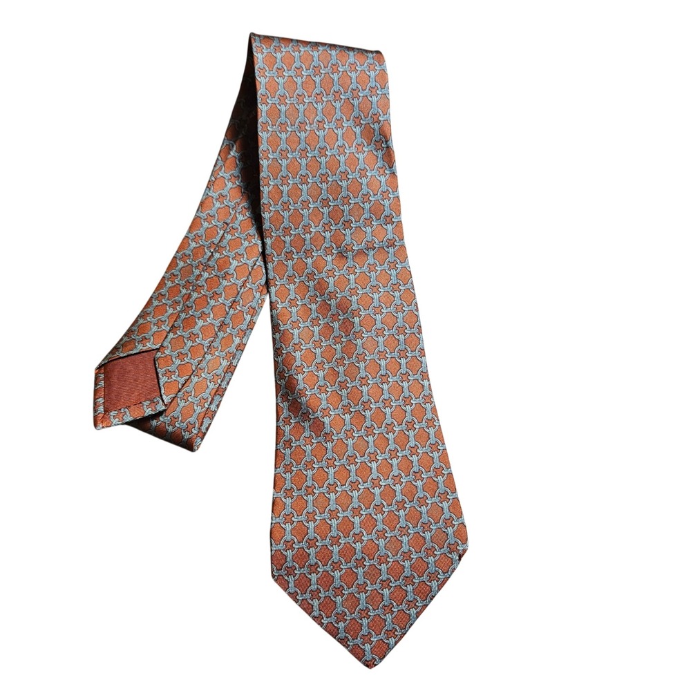 Hermes Paris Mens Silk Tie‎ Necktie Blue Interlocking Chain Link Pattern Luxury